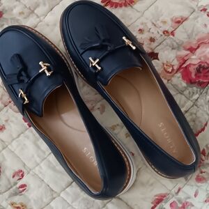Talbots Navy Tassel Loafers with Gold Hardware